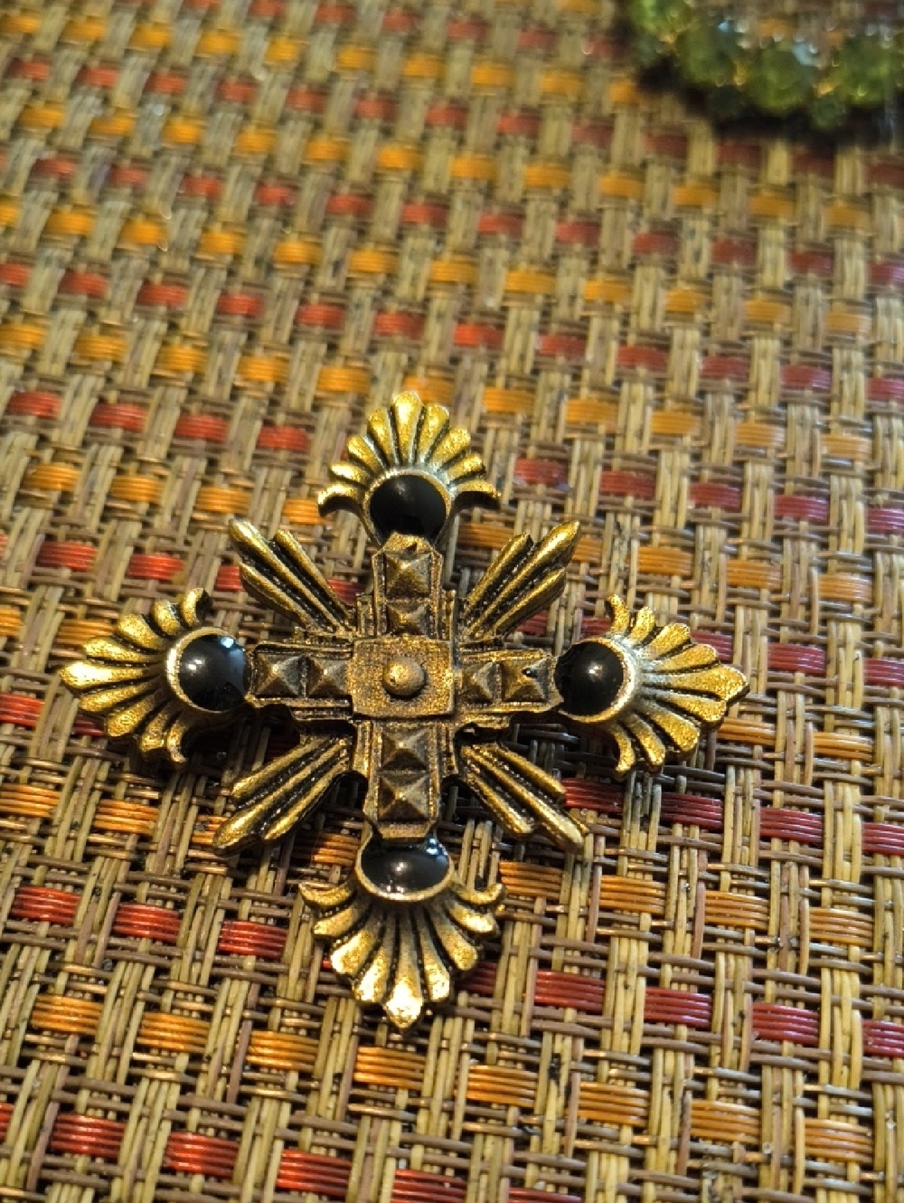 Hand Crafted Gold-Tone Cross Brooch with Black Accent Stones